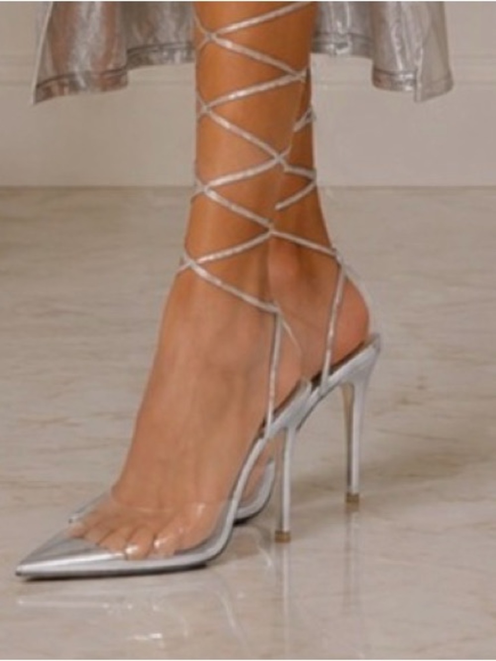 Jessica Rich - Bella Stiletto's Silver High Heeled Sexy Wrap up Ankle Straps